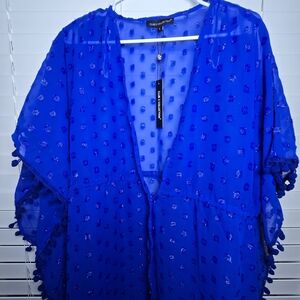 Blue Sheer Cover-Up with Pom Pom Details